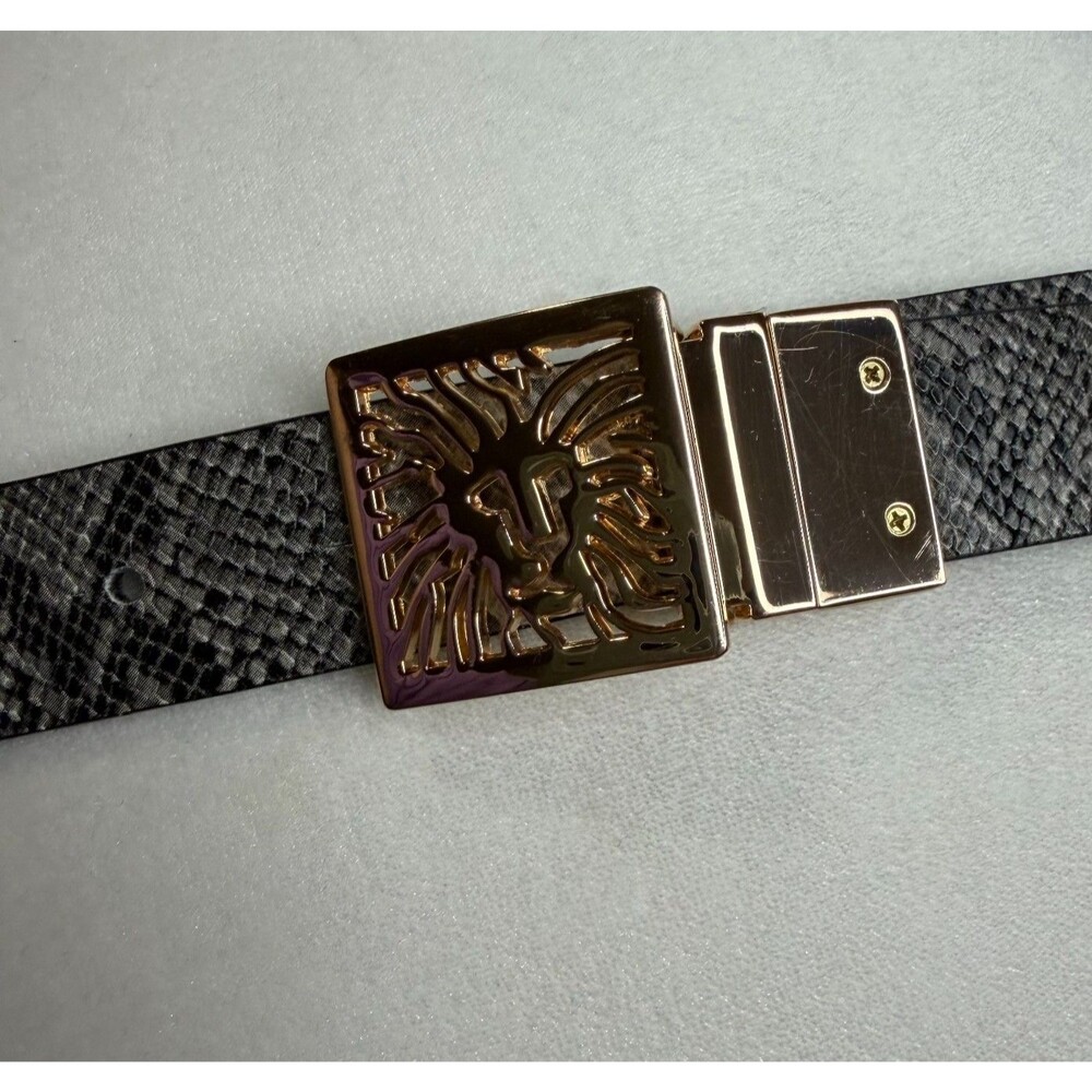 Vintage Anne Klein‎ Gold Lion Head Logo Buckle Reversible Snake Skin Belt 29-35" - Picture 5 of 12